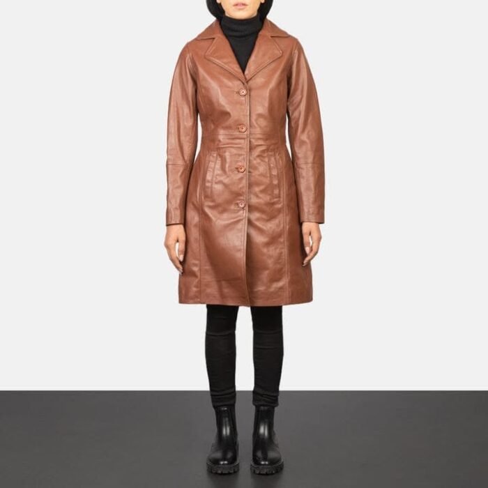 Women's Classic Brown Leather Long Coat