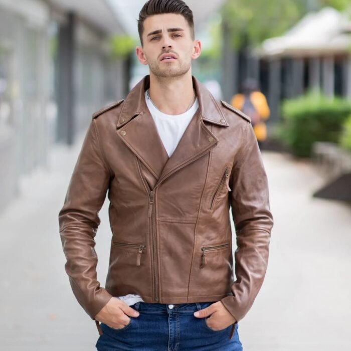 Turn heads wherever you go with this effortlessly bold brown leather jacket