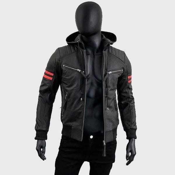 Step into bold, street-ready style with this sleek black hooded biker jacket